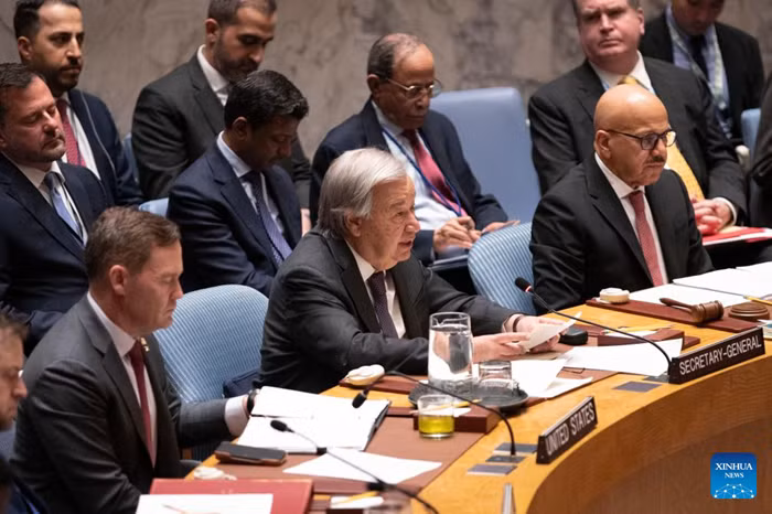 UN Secretary-General Antonio Guterres (C, front) speaks during the UN Security Council open debate on the safety and protection of waterways in the maritime domain, at the UN headquarters in New York, April 27, 2026. UN Secretary-General Antonio Guterres on Monday called for the reopening of the Strait of Hormuz at a Security Council open debate on the safety and protection of waterways in the maritime domain. (Xinhua)