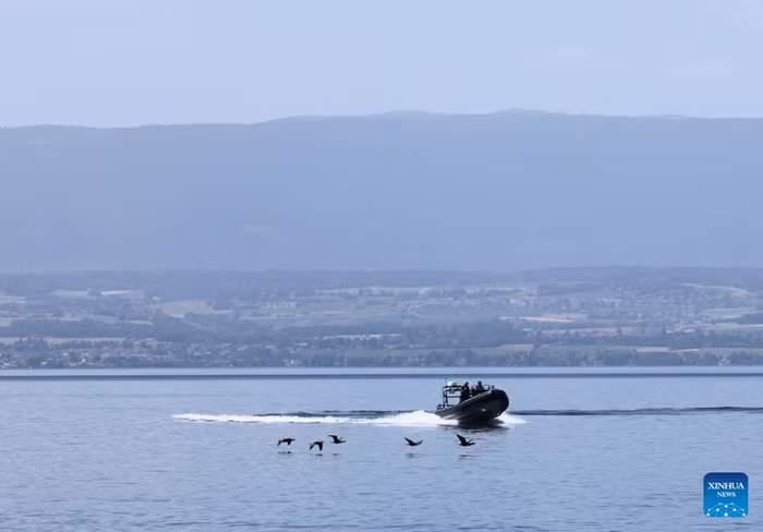 Security personnel patrol in Geneva Lake in Evian, France, June 15, 2026. The Group of Seven (G7) summit kicked off on Monday in Evian, a town in eastern France, against the backdrop of massive demonstration. (Xinhua)