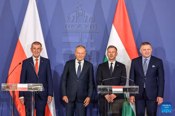Czech Prime Minister Andrej Babis, Polish Prime Minister Donald Tusk, Hungarian Prime Minister Peter Magyar, and Slovak Prime Minister Robert Fico (L to R) attend a joint press conference after a summit held in Godollo, Hungary, June 23, 2026. Leaders of the Visegrad Group (V4) countries pledged on Tuesday to strengthen regional cooperation and improve coordination on European Union (EU) affairs during a summit held in Godollo, Hungary. (Photo: Xinhua)