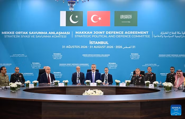 Top diplomats and defense chiefs from Türkiye, Saudi Arabia and Pakistan meet in Istanbul, Türkiye, on Aug. 31, 2026. Top diplomats and defense chiefs from Türkiye, Saudi Arabia and Pakistan met in Istanbul on Monday for the inaugural meeting of their joint defense committee, established under the recently signed Makkah Joint Defense Agreement. (Ministry of Foreign Affairs of the Republic of Türkiye/Handout via Xinhua)