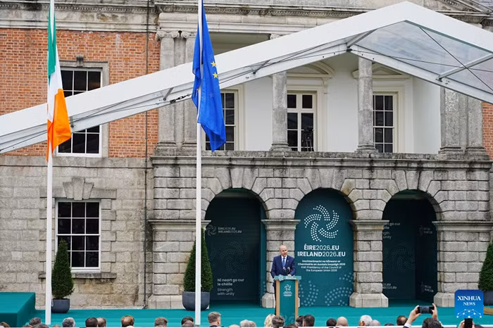 Taoiseach of Ireland Micheal Martin speaks at the opening ceremony of the Irish presidency of the Council of the European Union (EU) in Dublin, Ireland, July 1, 2026. Ireland on Wednesday formally began its six-month presidency of the Council of the EU as it hosted an opening ceremony at the Dublin Castle, pledging to strengthen Europe's economic competitiveness, security and resilience at a time of mounting geopolitical challenges. (Xinhua)