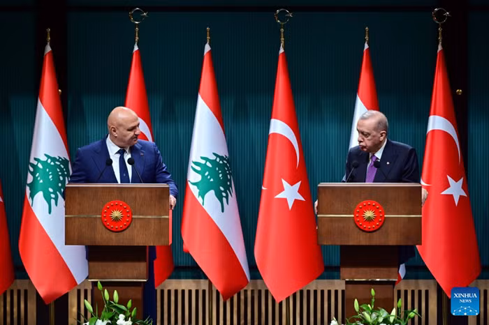 Turkish President Recep Tayyip Erdogan (R) and visiting Lebanese President Joseph Aoun hold a joint press conference following their bilateral meeting at the Presidential Complex in Ankara, Türkiye, July 30, 2026. Lebanese President Joseph Aoun held talks with Turkish President Recep Tayyip Erdogan here on Thursday, marking the first official visit by a Lebanese head of state to Türkiye in 17 years. (Mustafa Kaya/Handout via Xinhua)