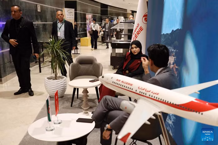 This photo shows the exhibition area of Air Algerie at the 12th African Investment and Trade Forum in Algiers, Algeria, on May 10, 2026. The 12th African Investment and Trade Forum opened in Algiers on Saturday, focusing on fostering partnerships to accelerate the continent's economic integration. (Xinhua)