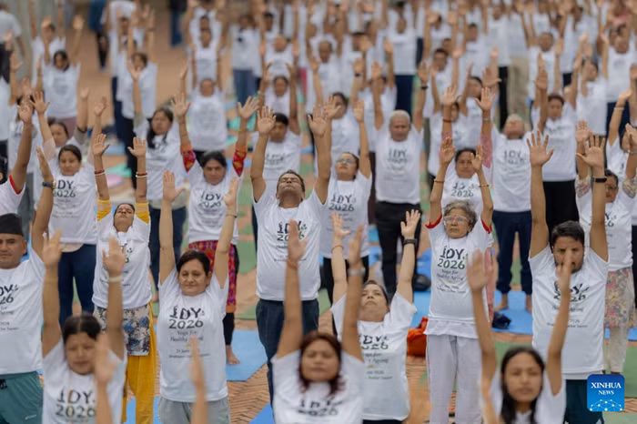 People take part in a yoga session to celebrate the International Day of Yoga in Bhaktapur, Nepal, on June 21, 2026. (Photo: Xinhua)