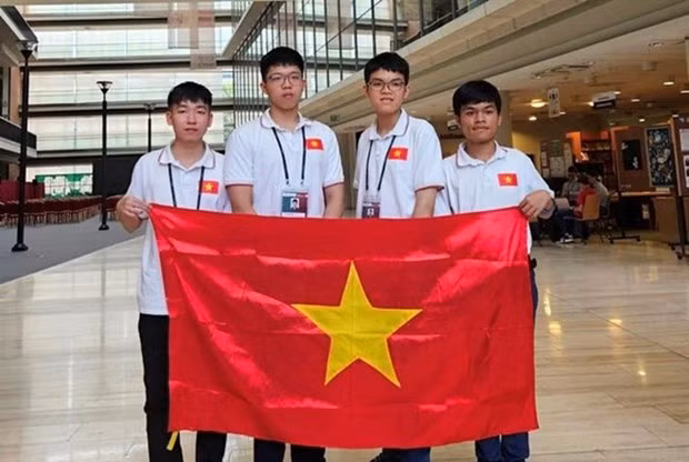 The four Vietnamese students competing at the International Olympiad in Informatics 2023. From left: Nguyen Duc Thang, Nguyen Quang Minh, Nguyen Ngoc Dang Khoa, and Tran Xuan Bach. (Photo: MoET)
