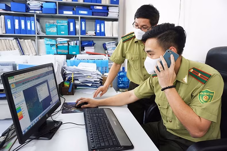 Staff of Quang Ninh Provincial Forest Protection Department use satellite connection software in forest management and protection. (Photo by NGUYEN THANH)