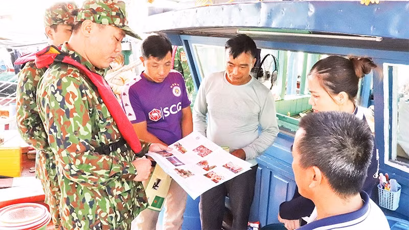 Squadron No.2, Quang Ninh Border Guard updates fishermen on fishing at sea and combating IUU fishing. (Photo: Luong Quang Tho)