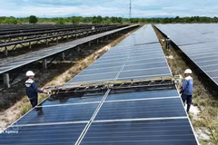 Workers clean the solar panels at Gio Thanh Solar Power Plant in Quang Tri province. (Photo: VNA)