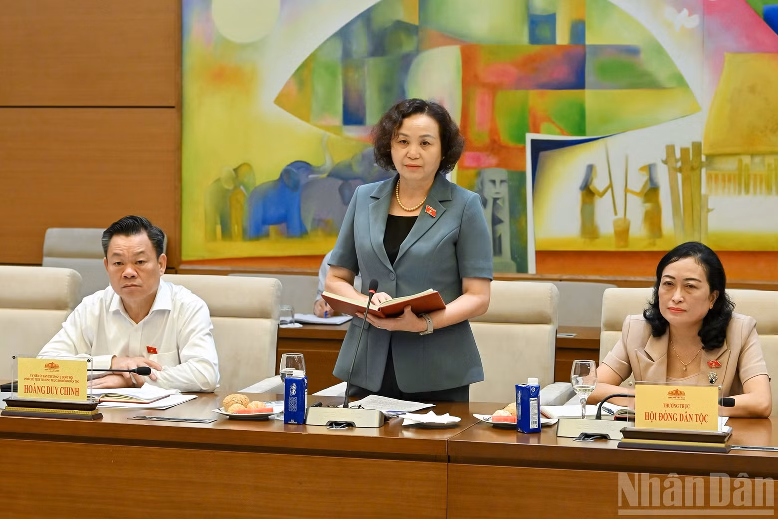 Vice Chairwoman of the Ethnic Council Cao Thi Xuan speaks at the working session.