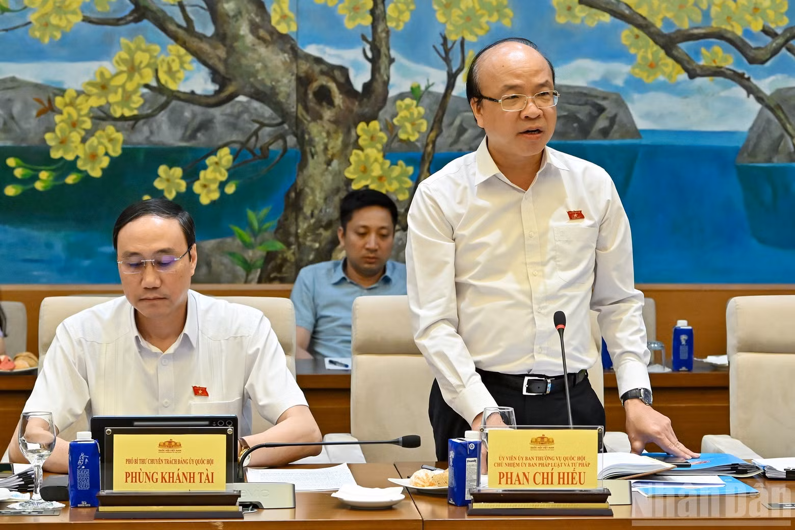 Chairman of the NA Committee for Legal and Judicial Affairs Phan Chi Hieu speaks at the working session.